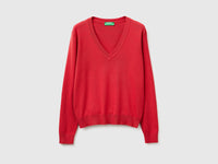 Strawberry red V-neck sweater in tricot cotton - ucb_image_FS