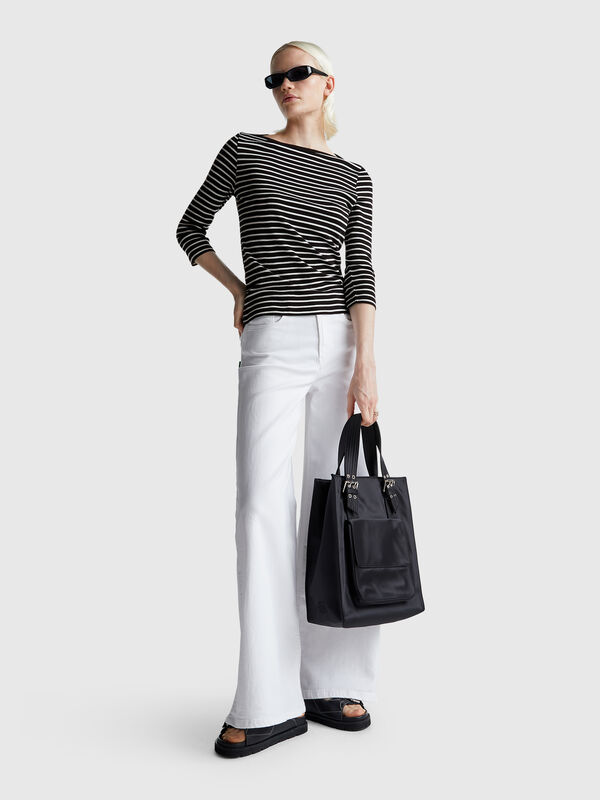 Gestreiftes T-Shirt mit 3/4-Ärmeln aus reiner Baumwolle Damen