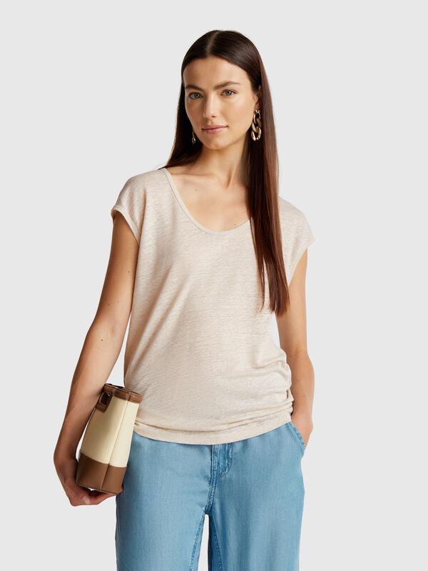 T-Shirt mit weitem Halsausschnitt aus reinem Leinen Damen
