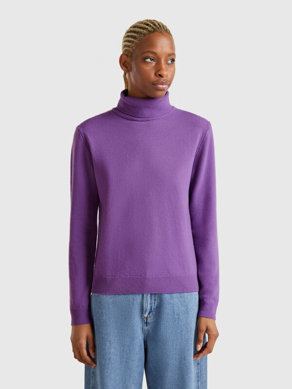Rollkragenpullover in Viola aus reiner Merinowolle Damen