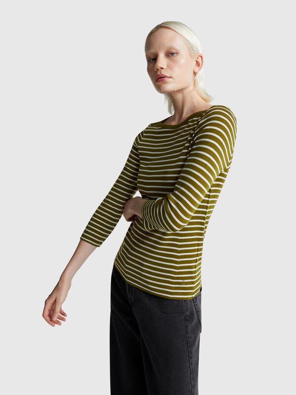 Gestreiftes T-Shirt mit 3/4-Ärmeln aus reiner Baumwolle Damen
