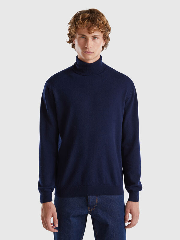 Mitternachtsblauer Rollkragenpullover aus reiner Merinowolle Herren