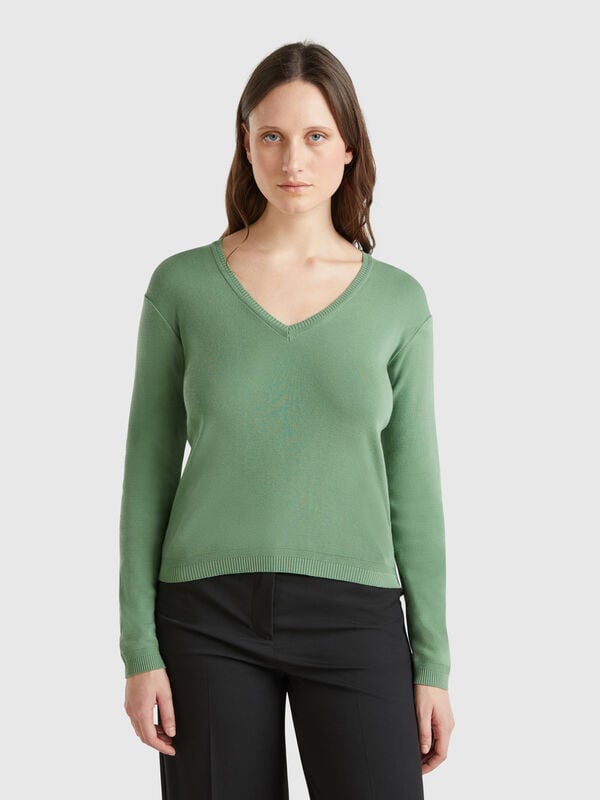 Pulli aus reiner Baumwolle mit V-Ausschnitt Damen