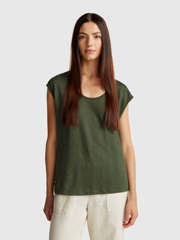 T-Shirt mit weitem Halsausschnitt aus reinem Leinen Damen