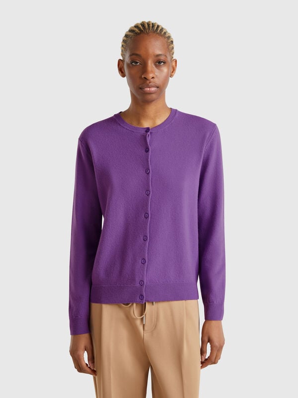 Rundhals-Cardigan in Viola aus reiner Merinowolle Damen