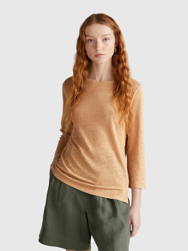 T-Shirt mit 3/4-Ärmeln aus reinem Leinen Damen