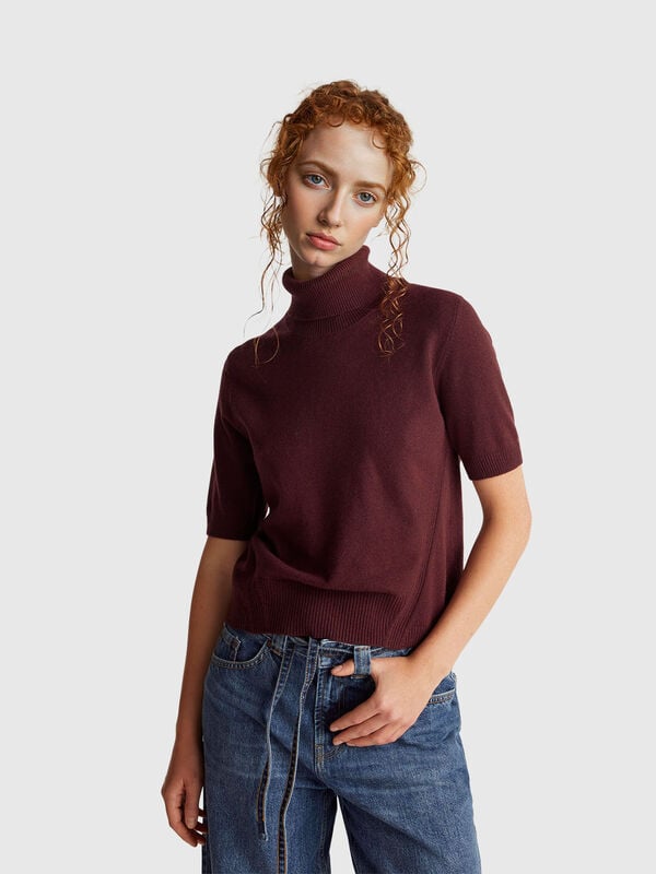 Kurzärmliger Rollkragenpullover aus Kaschmirmischung in gebranntem Braun Kurzärmliger Rollkragenpullover aus Kaschmirmischung in gebranntem Braun Damen