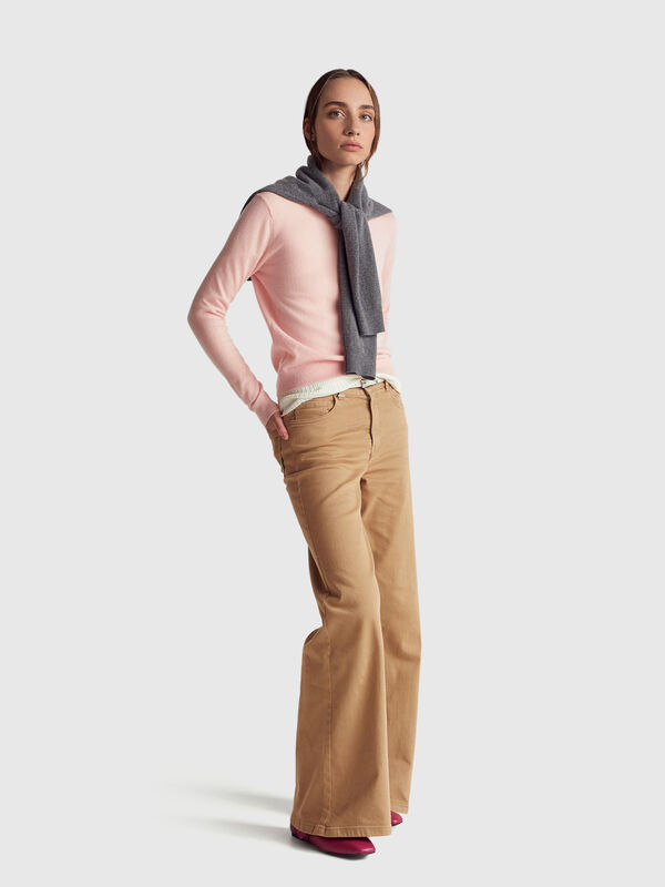 Puderrosa Pullover mit Rundhalsausschnitt aus Merinowolle Damen