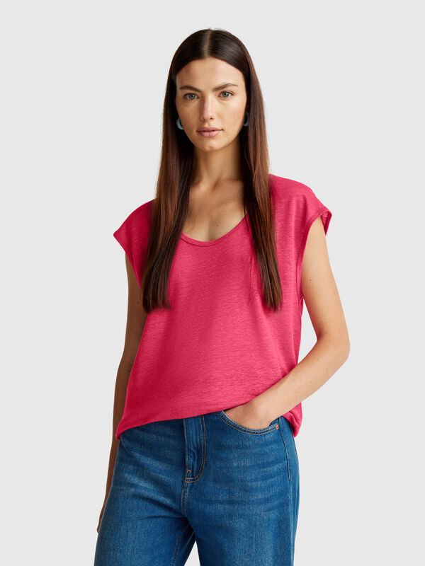 T-Shirt mit weitem Halsausschnitt aus reinem Leinen Damen