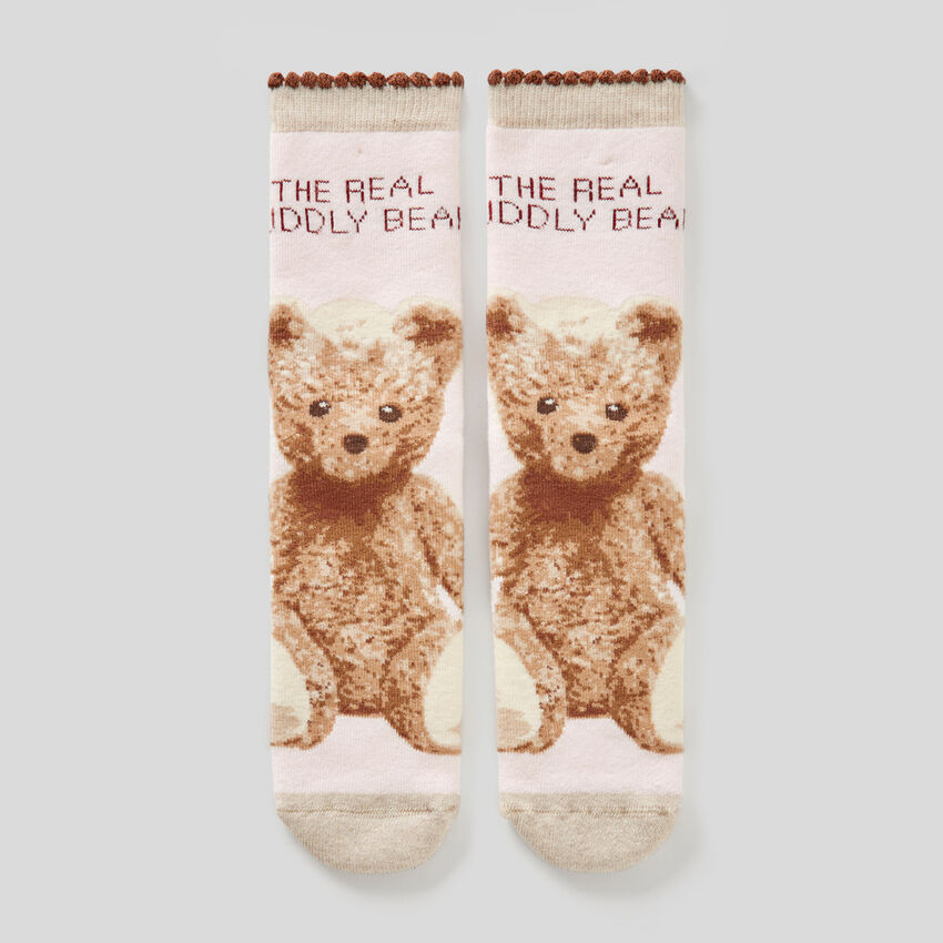 Rutschfeste Socken in Beige mit Teddy-Grafik