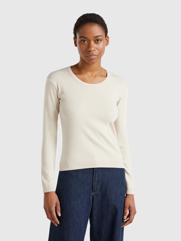 Rundhalspullover in Beige aus reiner Baumwolle Damen