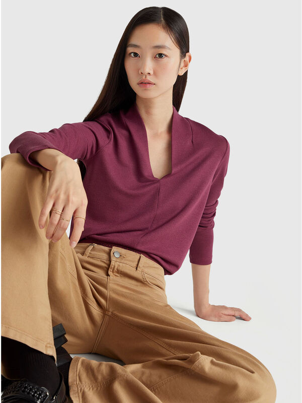 T-Shirt aus Crêpe mit V-Ausschnitt Damen