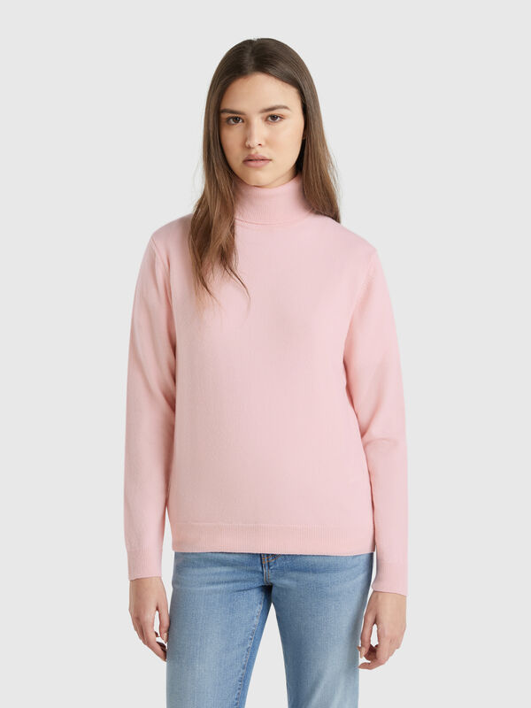Rollkragenpullover in Puderrosa aus reiner Merinowolle Damen