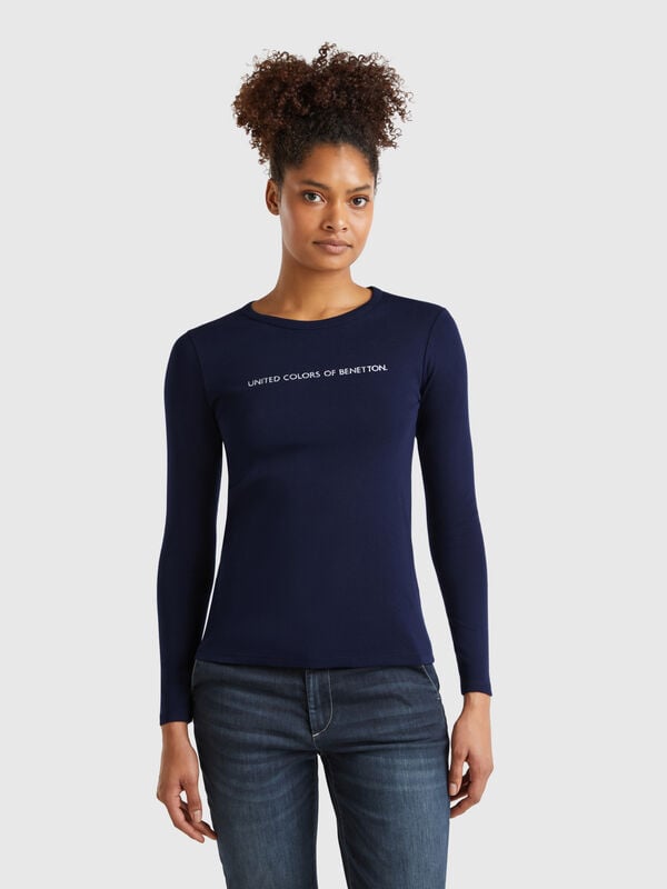 Langärmeliges T-Shirt in Dunkelblauer aus 100% Baumwolle Damen