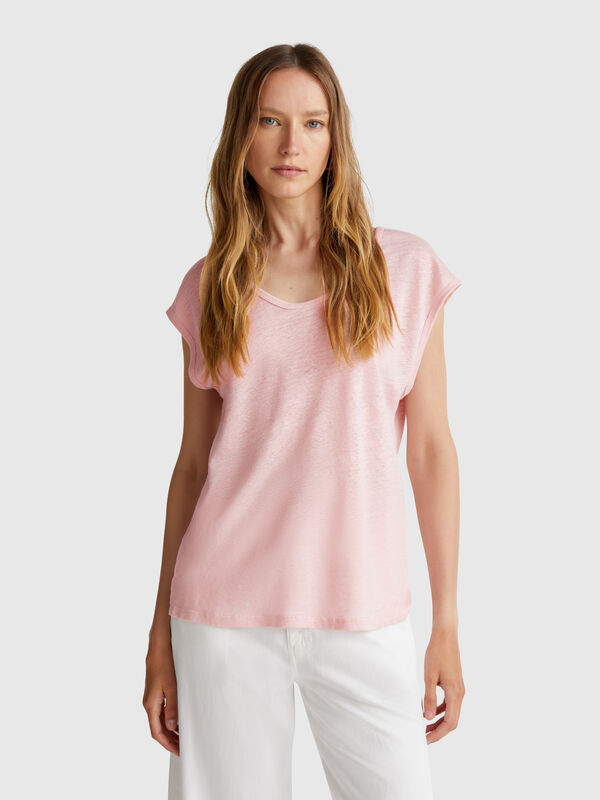 T-Shirt mit weitem Halsausschnitt aus reinem Leinen Damen