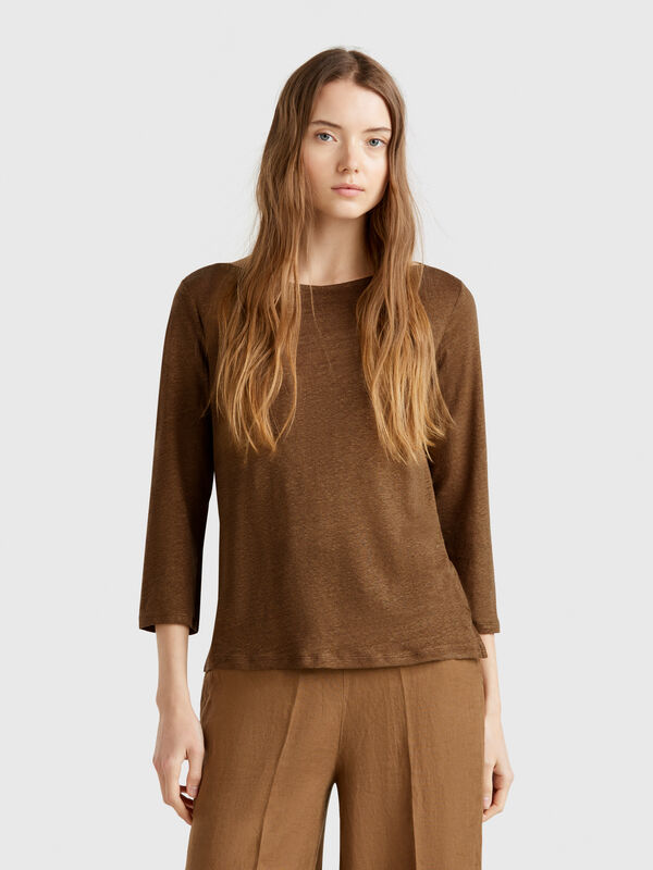 T-Shirt mit 3/4-Ärmeln aus reinem Leinen Damen