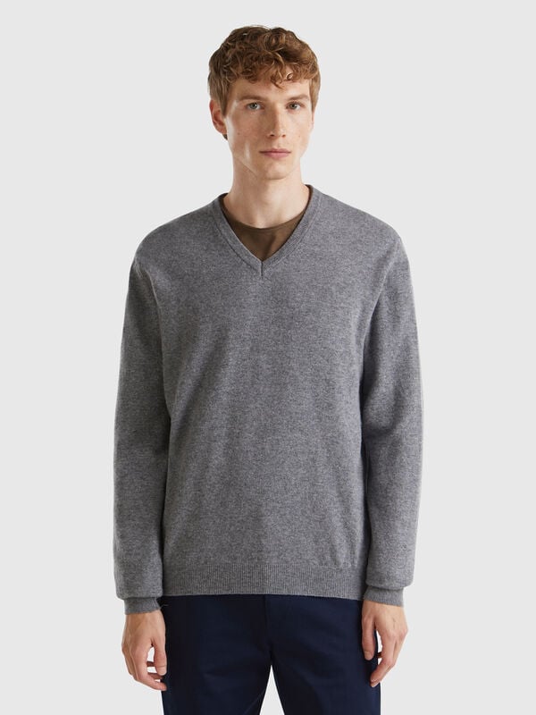 Dunkelgrauer Pullover mit V-Ausschnitt aus reiner Merinowolle Herren