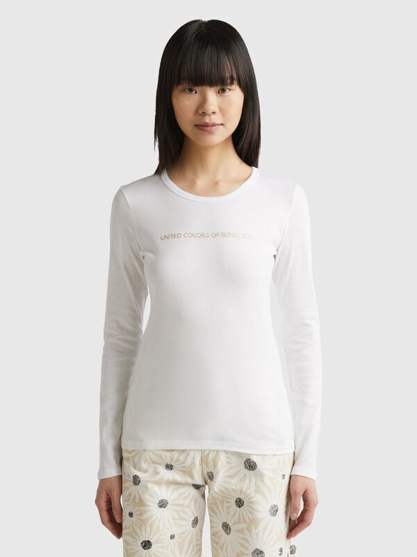 Langärmeliges weißes T-Shirt aus 100% Baumwolle Damen