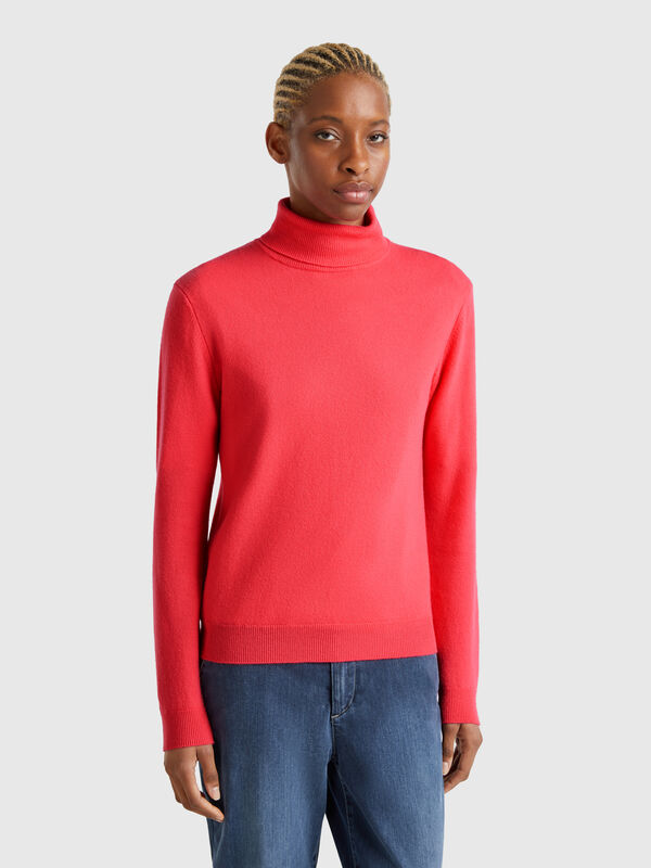 Rollkragenpullover in Zyklam aus reiner Merinowolle Damen