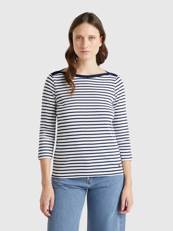 Gestreiftes T-Shirt mit 3/4-Ärmeln aus reiner Baumwolle Damen