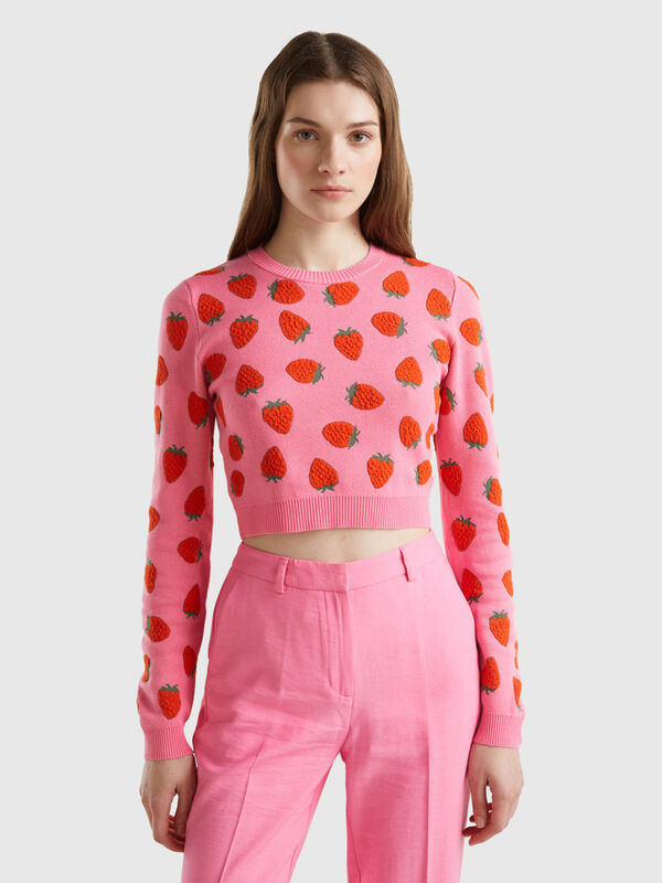 Cropped Pullover in Rosa mit Erdbeermuster Damen