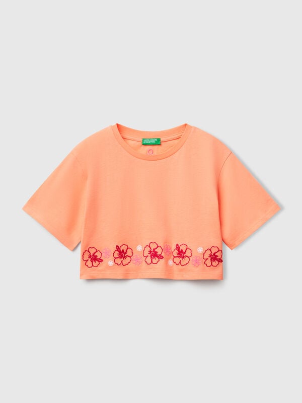 Orangefarbenes T-Shirt mit Blumenstickerei Mädchen
