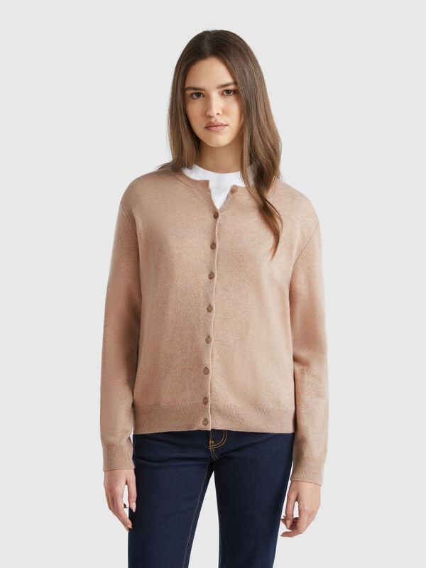Rundhals-Cardigan in Beige aus reiner Merinowolle Damen
