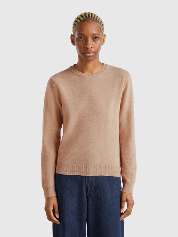 Rundhalspullover in Beige aus Merinowolle Damen