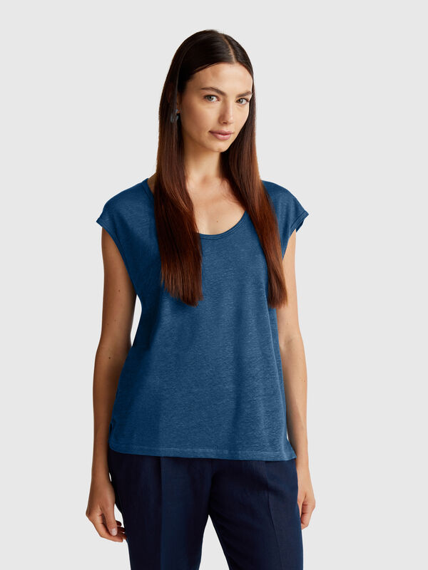 T-Shirt mit weitem Halsausschnitt aus reinem Leinen Damen