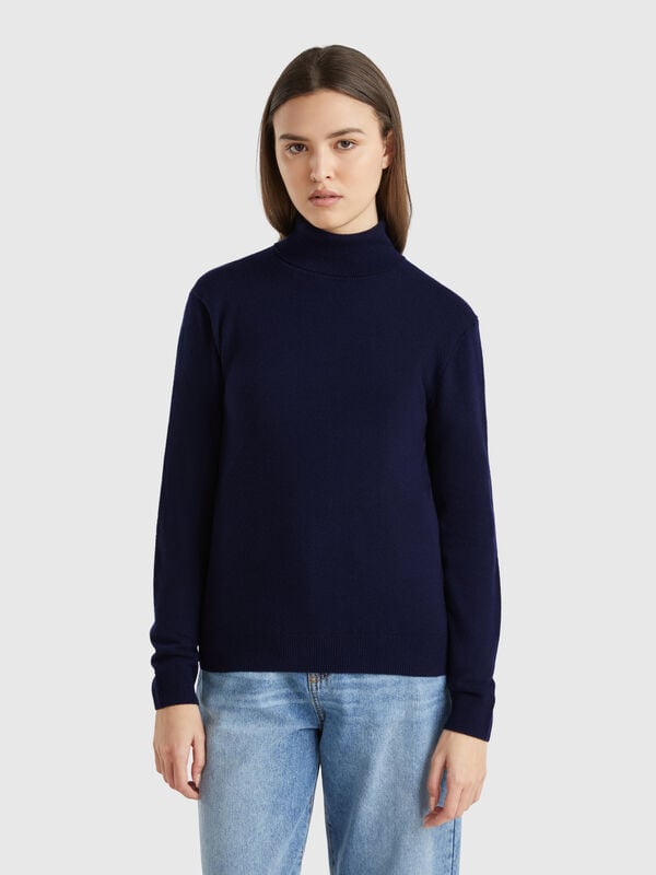 Rollkragenpullover in Nachtblau aus reiner Merinowolle Damen