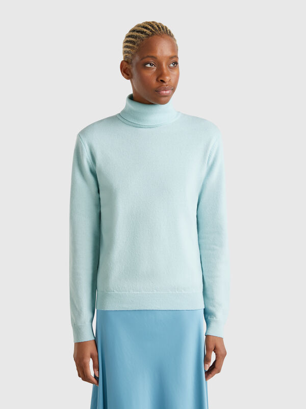 Rollkragenpullover in Türkis aus reiner Merinowolle Damen