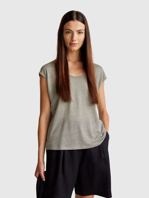 T-Shirt mit weitem Halsausschnitt aus reinem Leinen Damen