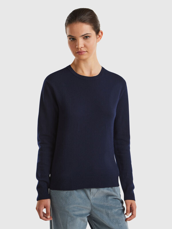 Mitternachtsblauer Pullover mit Rundhalsausschnitt aus Merinowolle Damen