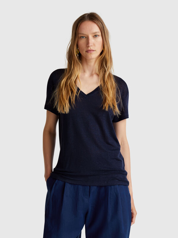 T-Shirt mit V-Ausschnitt aus reinem Leinen Damen