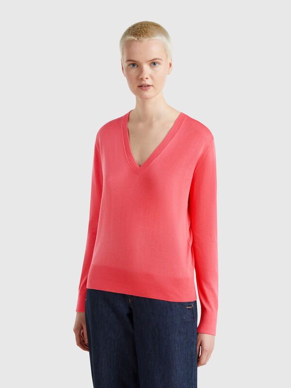 Pullover mit V-Ausschnitt aus Seidenmischung Damen