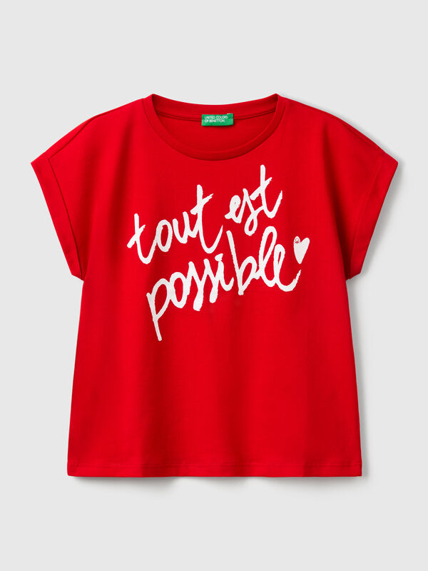 Kastenförmiges T-Shirt mit Aufdruck und Glitzer Mädchen