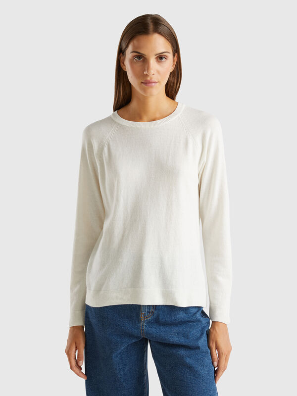 Rundhalspullover in Cremeweiß aus gemischter Wolle und Cashmere Damen