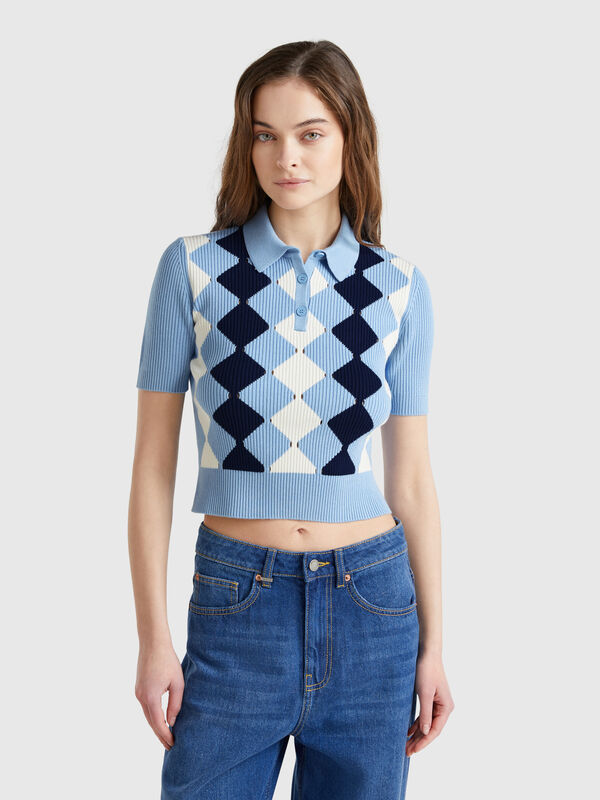 Gestricktes Poloshirt mit Rauteneinlage Damen