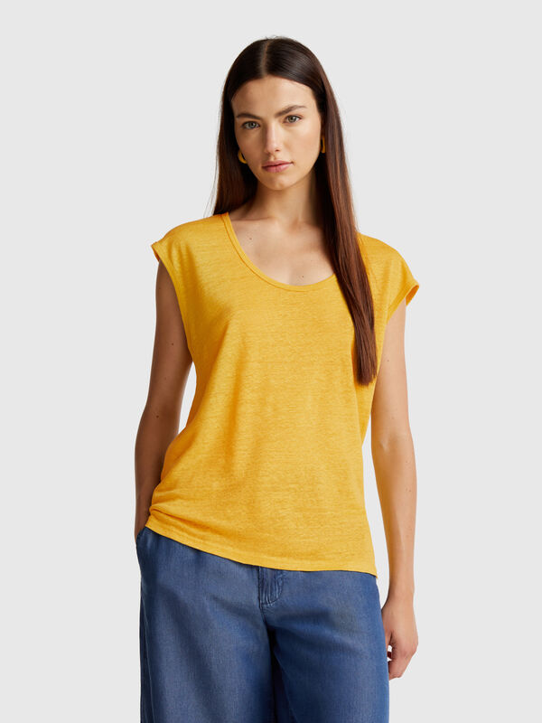 T-Shirt mit weitem Halsausschnitt aus reinem Leinen Damen