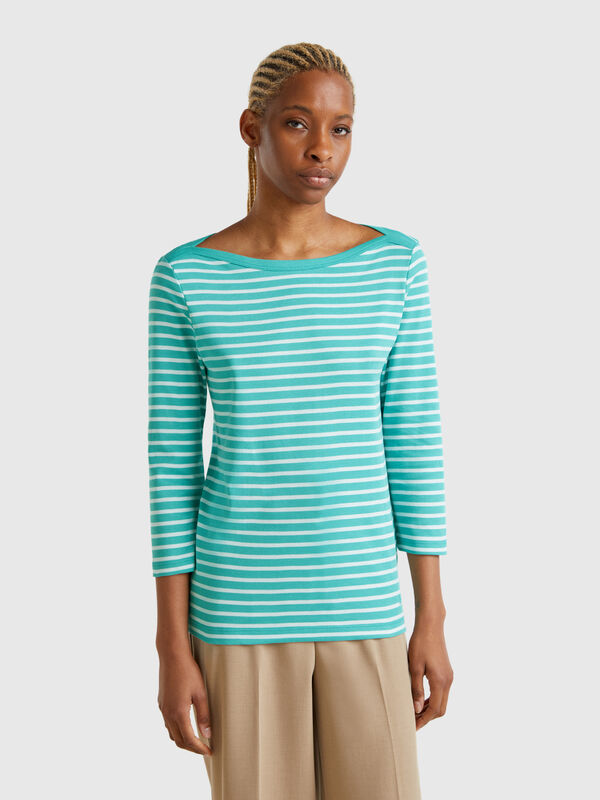 Gestreiftes T-Shirt mit 3/4-Ärmeln aus reiner Baumwolle Damen