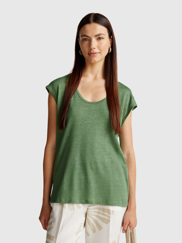 T-Shirt mit weitem Halsausschnitt aus reinem Leinen Damen