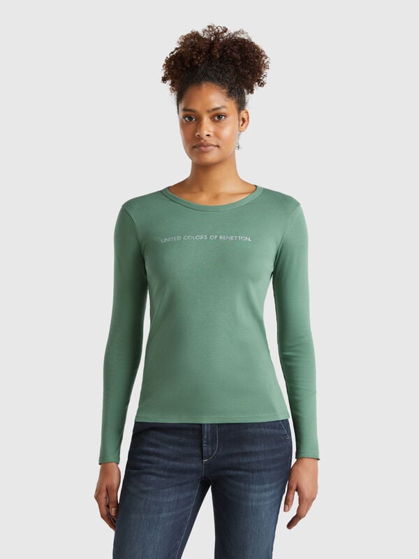 Langärmeliges T-Shirt in Tannengrün aus 100% Baumwolle Damen