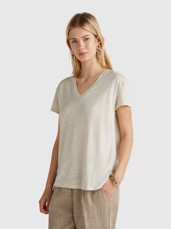 T-Shirt mit V-Ausschnitt aus reinem Leinen Damen