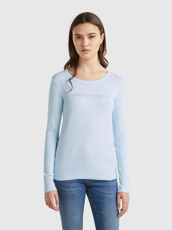 Langärmeliges himmelblaues T-Shirt aus 100% Baumwolle Damen