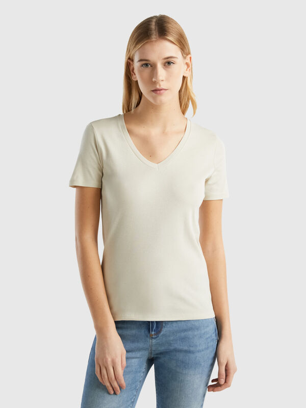 T-Shirt aus reiner Baumwolle mit V-Ausschnitt Damen