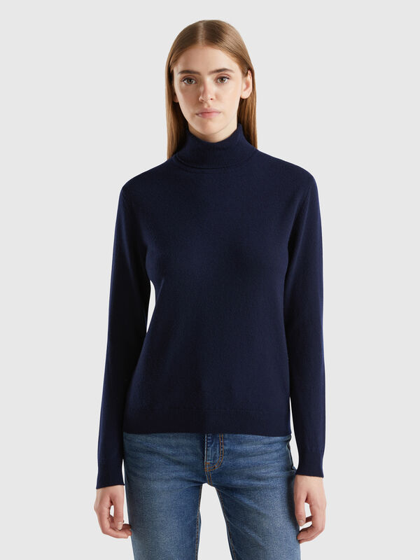 Dunkelblauer Rollkragenpullover aus Merinowolle Damen