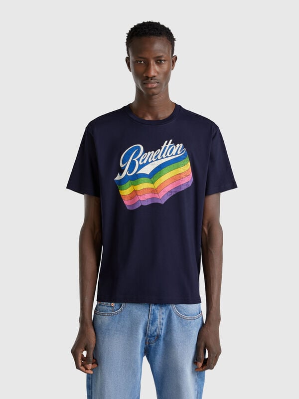Dunkelblaue Baumwoll-T-Shirt mit mehrfarbigem Logo Herren