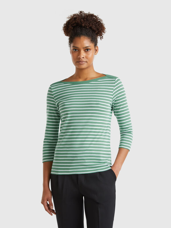 Gestreiftes T-Shirt mit 3/4-Ärmeln aus reiner Baumwolle Damen