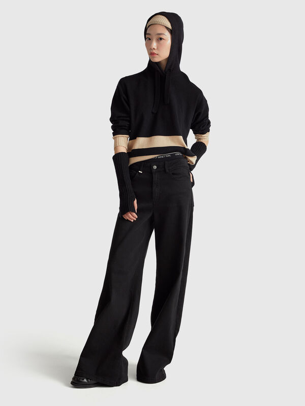 Schwarzer Pullover aus Kaschmirmischung mit Kapuze Damen