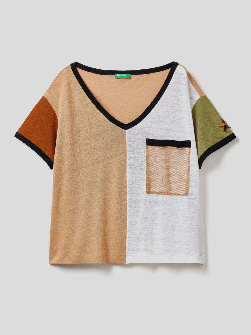 T-Shirt in einer Mischung aus Baumwolle und Leinen mit Farbblöcken image number 1